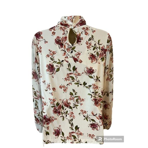 Women’s business casual floral, print top keyhole mock neck chiffon sleeves size - Picture 2 of 7